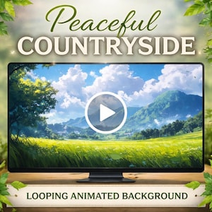 Puede incluir: Un monitor de pantalla plana muestra un fondo animado en bucle de un paisaje rural tranquilo. La imagen presenta un campo verde, cielo azul, nubes blancas y montañas. Las palabras "Peaceful Countryside" están en la parte superior y "Looping Animated Background" en la inferior.