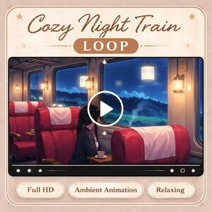 May include: An animated scene inside a train car at night, with red seats and a view of a starry sky. The text "Cozy Night Train LOOP" is displayed at the top, with options for "Full HD", "Ambient Animation", and "Relaxing" at the bottom.