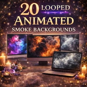May include: An image showcasing four screens displaying animated smoke backgrounds. The text reads "20 Looped Animated Smoke Backgrounds." The screens include a laptop and three desktop monitors, with colorful smoke effects. Candles and decorative elements are in the foreground.