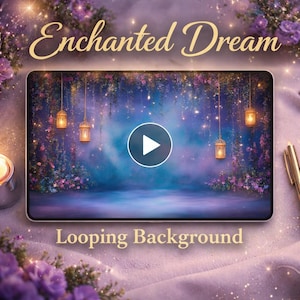 May include: A digital display showing a looping background with the text "Enchanted Dream" and "Looping Background". The background is a dreamy, blue and purple scene with hanging lanterns and floral accents. A play button is visible.