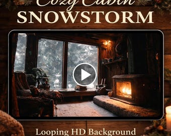 Cozy cabin snowstorm fireplace loop video | Animated background, lofi ambience, fire & smoke | Relax, study, stream, screensaver