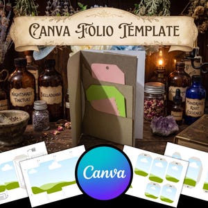 Puede incluir: Una plantilla Canva Folio con una carpeta central de papel marrón que contiene etiquetas rosas y verdes. Debajo, hojas digitales muestran ilustraciones de paisajes con nubes y colinas verdes. El logo de Canva está centrado en un círculo.