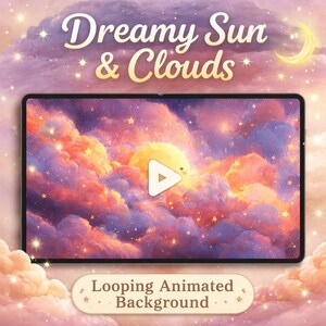 Pode incluir: Um ecrã digital mostra um fundo animado de sonho de um sol amarelo, nuvens e estrelas. O texto "Dreamy Sun & Clouds" e "Looping Animated Background" são exibidos na imagem. A paleta de cores inclui rosas, roxos e amarelos.