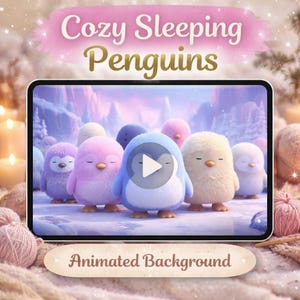 Puede incluir: Una tableta muestra un fondo animado de pingüinos de dibujos animados en colores pastel, incluyendo azul, rosa y morado. El texto "Cozy Sleeping Penguins" y "Animated Background" también es visible.