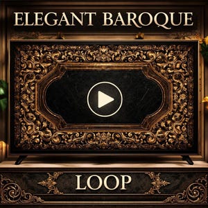 May include: A black television screen with a gold baroque frame. The screen displays a white play button. The words "ELEGANT BAROQUE" are at the top, and "LOOP" is at the bottom. The frame has ornate, swirling details.
