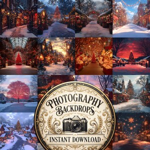 Puede incluir: Una colección de doce fondos fotográficos digitales que muestran pueblos invernales nevados, mercados navideños y paisajes festivos con luces cálidas, árboles decorados y nieve, centrados por un logotipo circular.