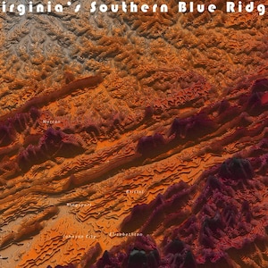 Isometrische kaart Blue Ridge Mountains - Zuid-Virginia 10" x 24"