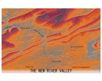 11x17 Isometric Topographic Map of the New River Valley (Virginia Tech Themed) With or Without Frame