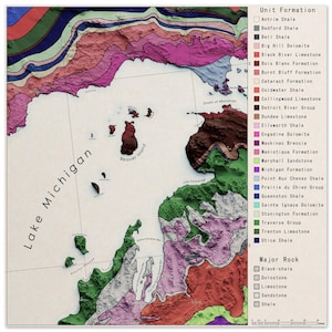 Mapa geológico del norte de Michigan – Región de la bahía de Grand Traverse (50,8 x 50,8 cm) – Impresión litológica de estilo vintage del norte del lago Michigan *ENVÍO GRATIS*