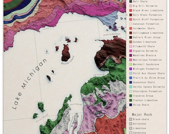 Up North Michigan Geologic Map – Grand Traverse Bay Region  20&quot;x20&quot; – Vintage-Style Lithology Print of Northern Lake Michigan*FREE SHIPPING*