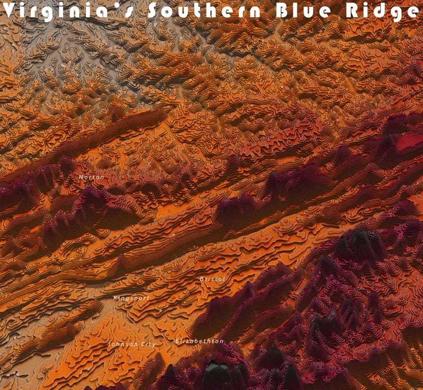 Blue Ridge Mountains Isometric Map - Southern Virginia 10"x24"
