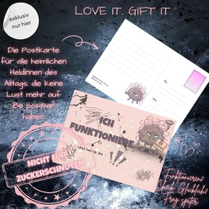 Carte postale pailletée grincheuse - Je fonctionne