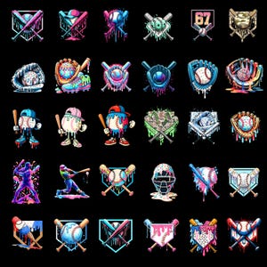 May include: A collection of baseball-themed digital illustrations on a black background. Each design features baseballs, bats, gloves, and players with vibrant colors and dripping paint effects. The designs include the number 67 and a catcher's mask.