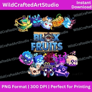 May include: Digital artwork showcasing diverse, colourful cartoon characters and the text "Blox Fruits." The characters have unique designs and vibrant colours, set against a black background. The image also includes the text "WildCraftedArtStudio" and "Instant Download."