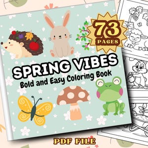 以下が含まれることがあります： 「Spring Vibes」というタイトルの塗り絵本。薄い青色の表紙には、ハリネズミ、ウサギ、蝶、キノコ、カエルの漫画イラストが描かれています。この本は73ページで、PDFファイルです。