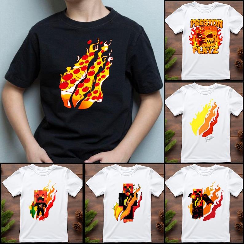 K&ouml;nnte beinhalten: Eine Sammlung von Grafik-T-Shirts. Ein schwarzes T-Shirt zeigt ein Pizzast&uuml;ck-Design mit Flammen. Wei&szlig;e T-Shirts zeigen verschiedene Flammen- und Charakterdesigns, einschlie&szlig;lich des Textes "PRESTON PLAYZ".