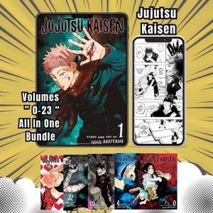 Puede incluir: Un conjunto de volúmenes de manga Jujutsu Kaisen 0-23, mostrados en una tableta y un teléfono, con portadas de manga adicionales. La tableta muestra el volumen 1 con una ilustración de personaje. El teléfono muestra paneles de manga.