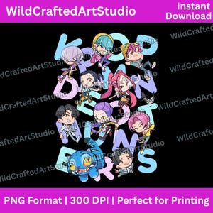 May include: A digital graphic featuring the text "K-POP FANS" in light blue and purple, with cartoon characters in various poses. The characters have different hair colors and outfits. The background is black. The image includes the text "WildCraftedArtStudio".