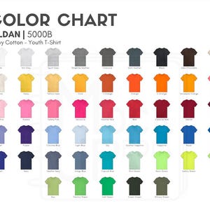K&ouml;nnte beinhalten: Farbkarte f&uuml;r Gildan 5000B Heavy Cotton Youth T-Shirts. Die Karte zeigt eine Vielzahl von Farben, darunter Wei&szlig;, Aschgrau, Sportgrau, Graphit-Melange, Anthrazit, Schwarz, Dunkelbraun, Sand und viele mehr.