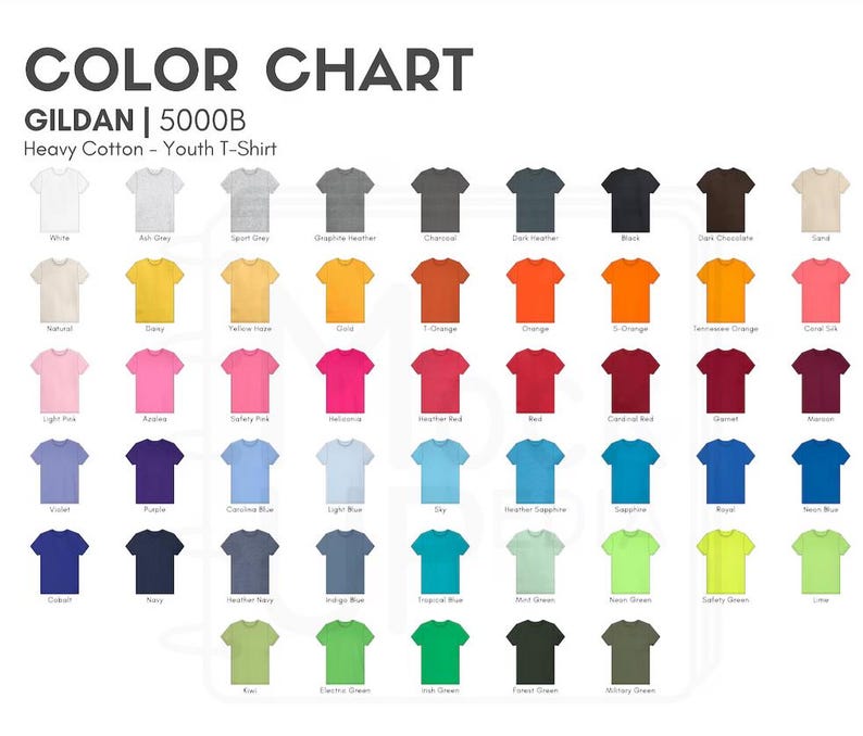 K&ouml;nnte beinhalten: Farbkarte f&uuml;r Gildan 5000B Heavy Cotton Youth T-Shirts. Die Karte zeigt eine Vielzahl von Farben, darunter Wei&szlig;, Aschgrau, Sportgrau, Graphit-Melange, Anthrazit, Schwarz, Dunkelbraun, Sand und viele mehr.