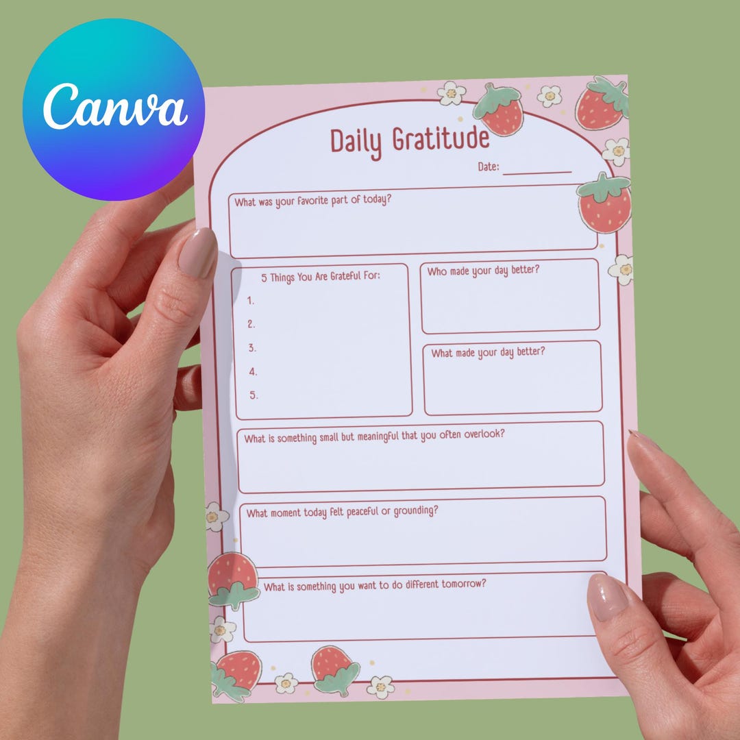 Strawberry Gratitude Journal Printable: Pink Daily Reflection (canva ...
