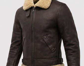 Handmade Men’s Brown B3 Bomber Jacket, Genuine Sheepskin Shearling Jacket, Winter Fur Coat