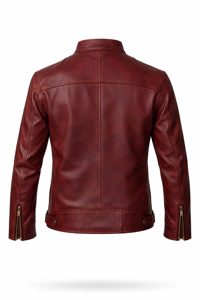 A burgundy leather jacket with a stand-up collar, visible stitching, and zippered sleeves. The back view showcases a tailored fit with a clean, minimalist design. The jacket has a classic, timeless style.
