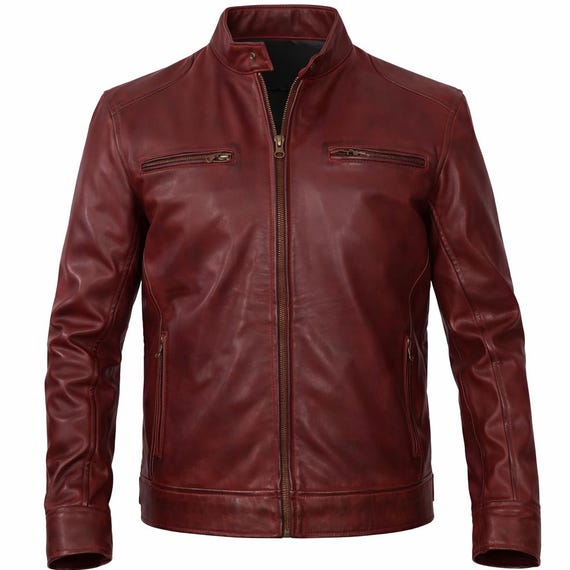 Handmade Burgundy Leather Jacket – Slim Fit Moto, Café Racer Style - Cowhide