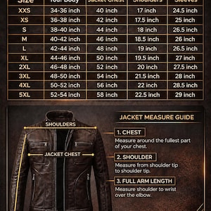 May include: A jacket sizing guide with measurements in inches. The guide provides chest, shoulder, and sleeve measurements for sizes XXS to 4XL. A leather jacket is shown with chest measurement points.