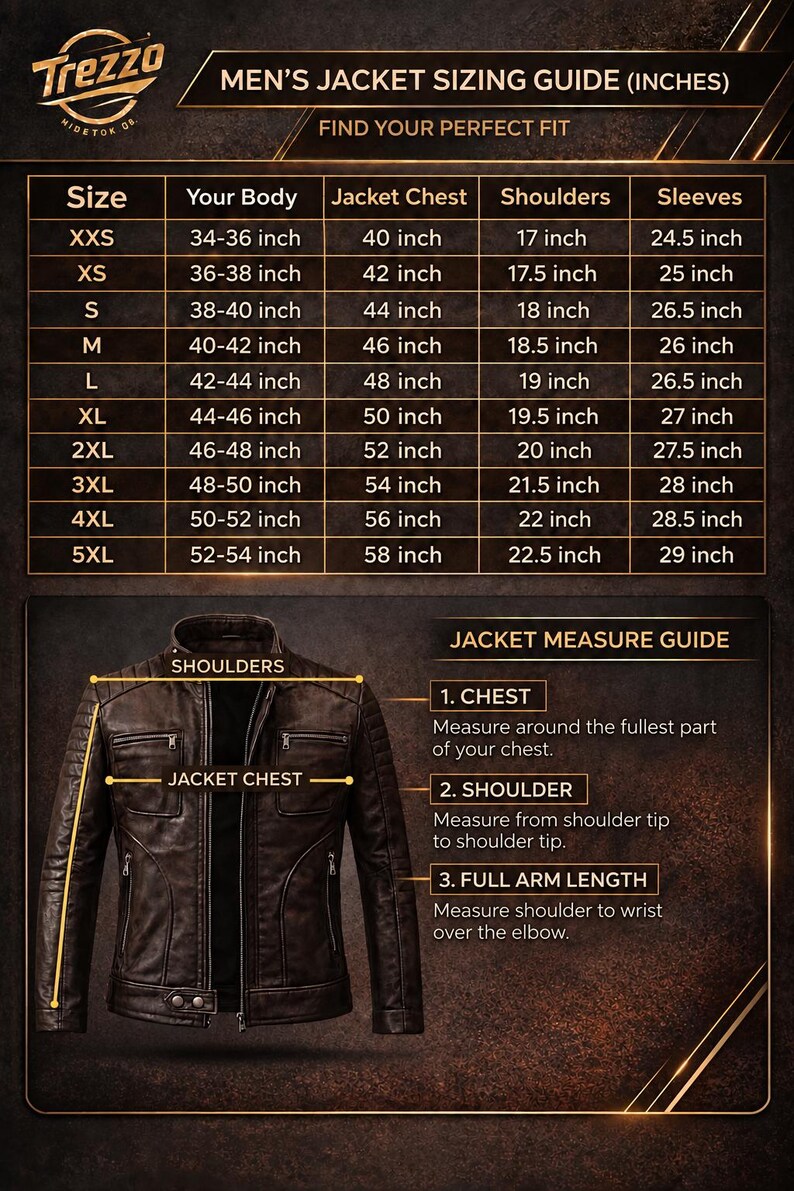 May include: A jacket sizing guide with measurements in inches. The guide provides chest, shoulder, and sleeve measurements for sizes XXS to 4XL. A leather jacket is shown with chest measurement points.