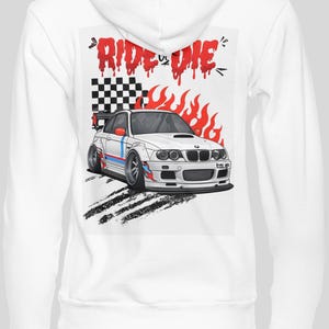 Cartoon Illustration Of A White BMW M3 With Dynamic Elements. For walls, tshirts, mugs, etc. Car fan wall art print. Car fan gift. Bmw owner image 2