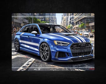 Modern Blue Audi S3 With Racing Stripes In Urban Setting. Car fan. Wall poster art. Print in a5, a4, a3 sizes. Unframed, Garage, man cave