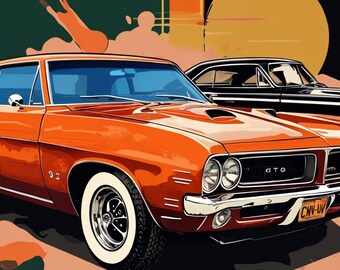 Vibrant Retro Muscle Cars With Abstract Background Elements Wall Poster Home Decor. Unframed Print Room Decoration. A5, a4, a3
