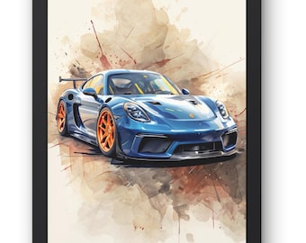 Vibrant Illustration Of Electric Blue Porsche Cayman GT4 Sport car. Car Enthusiasts gift ideas. Wall print poster