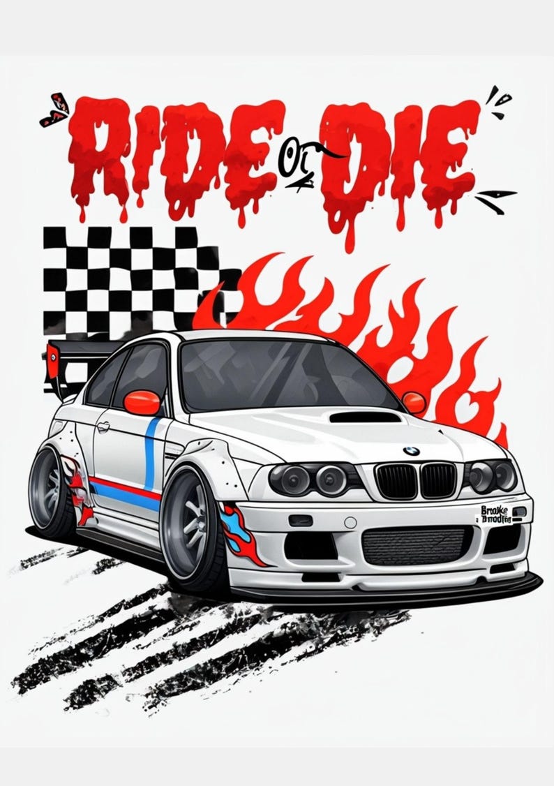Cartoon Illustration Of A White BMW M3 With Dynamic Elements. For walls, tshirts, mugs, etc. Car fan wall art print. Car fan gift. Bmw owner image 4