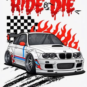 Cartoon Illustration Of A White BMW M3 With Dynamic Elements. For walls, tshirts, mugs, etc. Car fan wall art print. Car fan gift. Bmw owner
