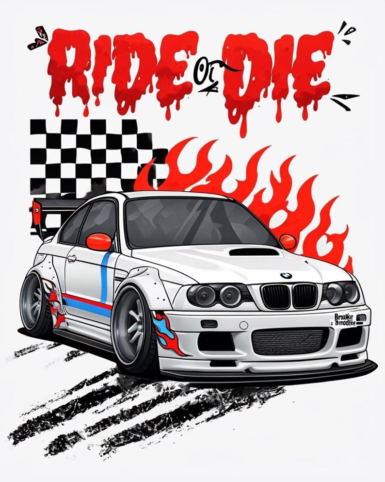 Cartoon Illustration Of A White BMW M3 With Dynamic Elements. For walls, tshirts, mugs, etc. Car fan wall art print. Car fan gift. Bmw owner image 1