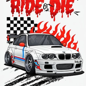 BMW M3 Cartoon Illustration with 'Ride or Die' Quote Dynamic Elements Wall Print Unframed Room Decor Poster - A5, A4, A3 sizes