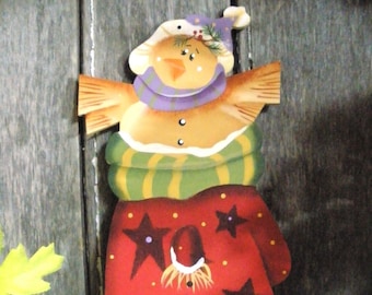 Yellow Bird Folk Art Christmas Tree Ornament, Bird in Mitten, Hand painted, Scarf Beanie, Canary, Aviary