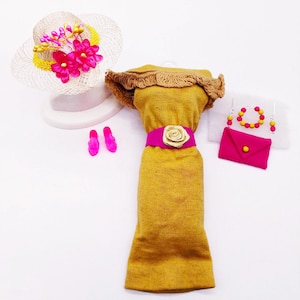 Vintage Barbie YELLOW/GOLD PAK Knit Dress 1960&#39;s  Perfect    Plus free handmade accessories