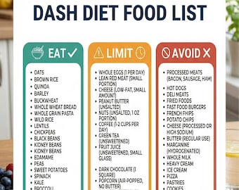 May include: A DASH Diet food list with three columns: "Eat," "Limit," and "Avoid." The "Eat" column lists grains, vegetables, and legumes. The "Limit" column includes eggs, lean meats, and nuts. The "Avoid" column lists processed meats, fried foods, and sweets.
