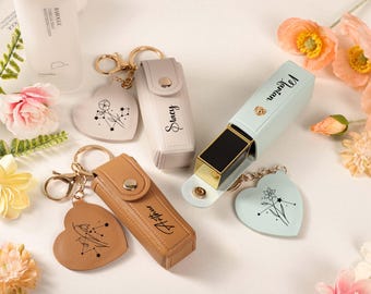 Personalized Lipstick Bag Keychain With Mirror, Bridesmaid Gift, Wedding Gift, Bridal Shower Gift, Custom Name PU Leather Lipstick Pouch