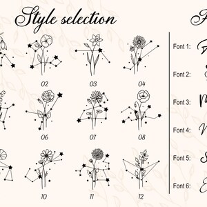 May include: A beige graphic featuring floral illustrations with constellation designs and font samples. The phrase "Style selection" is at the top left, and "Font" is on the right. Six font styles are displayed with name examples.