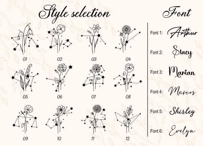 May include: A beige graphic featuring floral illustrations with constellation designs and font samples. The phrase "Style selection" is at the top left, and "Font" is on the right. Six font styles are displayed with name examples.