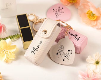 Personalized Zodiac Sign Lipstick Pouch, Lipstick Bag Keychain With Mirror, Bridesmaid Gift, Wedding Gift, Bridal Shower Gift, Birthday Gift