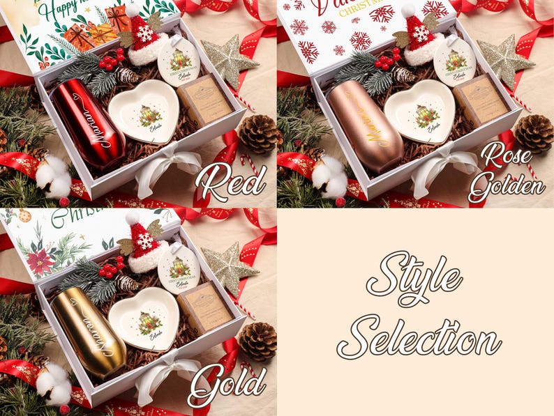 May include: Christmas gift boxes with a tumbler, heart-shaped dish, soap, and ornaments. The boxes are labelled "Red", "Rose Golden", and "Gold". Festive decorations include pine cones, stars, and ribbons.
