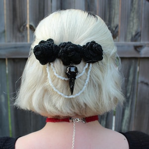 Black Rose and Raven Skull Barrette