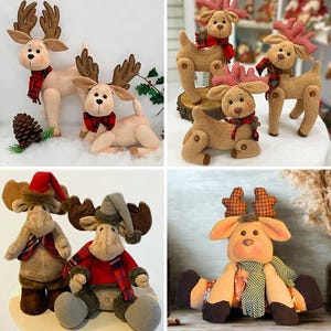 Puede incluir: Un collage de muñecos de renos de peluche en varias poses. Los renos tienen cuernos marrones, cuerpos blandos y están adornados con bufandas y sombreros. El texto "COMBO RENAS 4 MOLDES" se muestra en la parte superior.