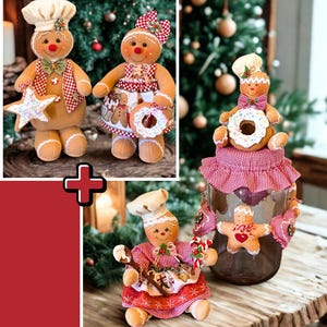 Puede incluir: La imagen muestra decoraciones con temática de pan de jengibre. El texto en la parte superior dice "COMBO GINGER 2 MOLDS". Las decoraciones incluyen hombres de jengibre con gorros y delantales de chef, sosteniendo estrellas y donas. Uno está posado sobre un tarro.