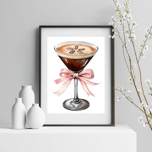 Póster de seda de Espresso Martini: decoración de bar para interiores y exteriores, arte mural de cócteles glamurosos con lazo, impresión femenina para patio, pancarta de seda con estética femenina.